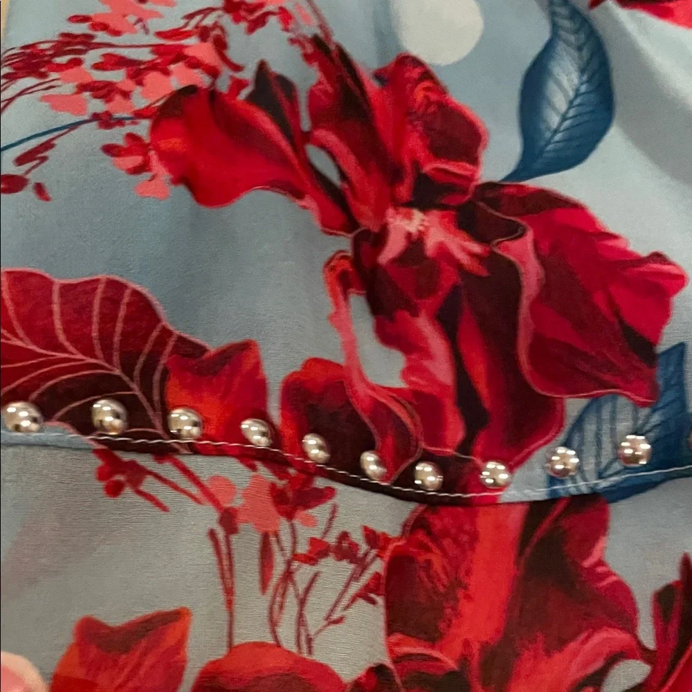 J. Crew Floral Pencil Skirt in Light Blue with Red and silver studs at hem. - Picture 4 of 5